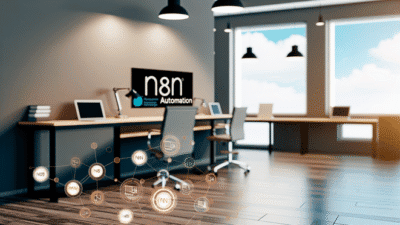 alt_text: Modern workspace with n8n logo, automation icons, and network imagery highlighting open-source innovation.