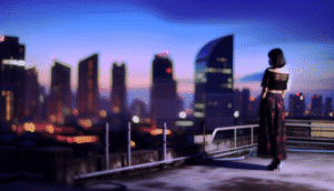 alt_text: A solitary figure on a rooftop gazes over a twilight skyline, embodying intrigue in "Chasing Shadows."