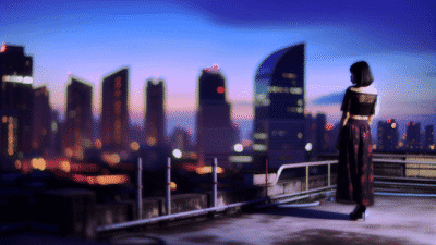 alt_text: A solitary figure on a rooftop gazes over a twilight skyline, embodying intrigue in "Chasing Shadows."