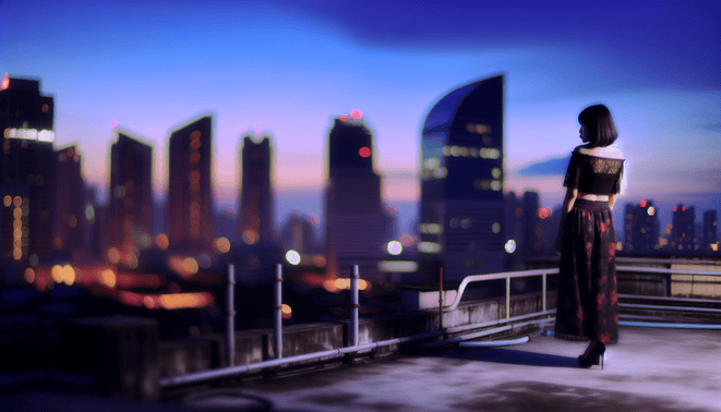 alt_text: A solitary figure on a rooftop gazes over a twilight skyline, embodying intrigue in "Chasing Shadows."