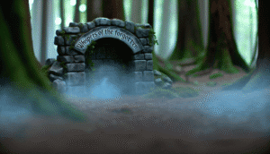 alt_text: A mystical forest scene with a stone archway, mist, and the book title 'Whispers of the Forgotten'.