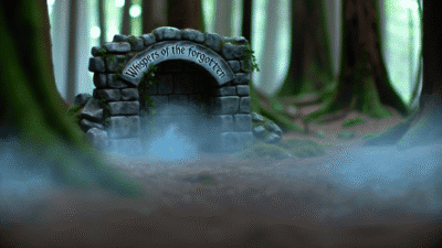 alt_text: A mystical forest scene with a stone archway, mist, and the book title 'Whispers of the Forgotten'.