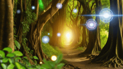 alt_text: A mystical forest path with sunlight, ancient trees, and magical orbs sets the scene for adventure.